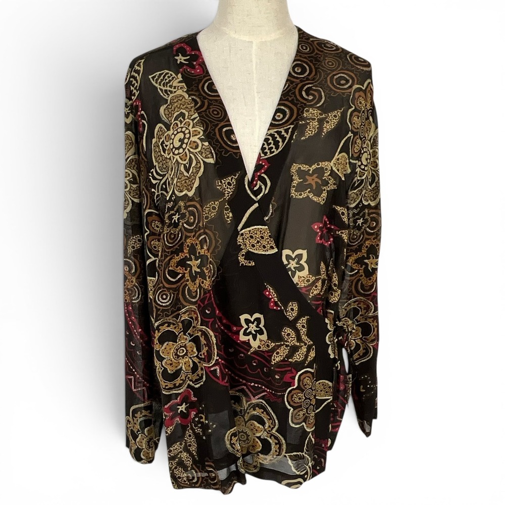 Chicos Paisley Floral Silk Wrap Blouse Size 3 Long Sleeve Semi Sheer Top